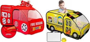 Interactive Kids Adventure Tent Bundle: Fire Truck and School Bus Play Tents with Sound Effects
