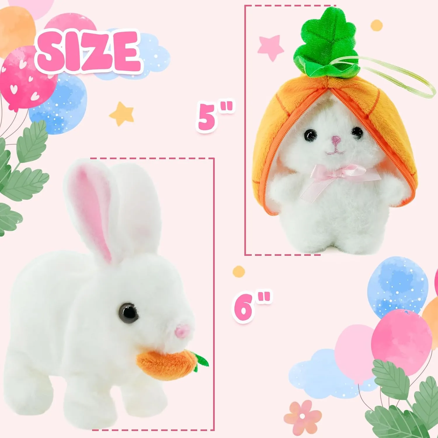 Interactive Plush Bunny Toy Set - Talking & Walking Electric Rabbit Duo with Carrot Surprise - Soft Safe Easter & Birthday Gift for Toddlers & Babies, White