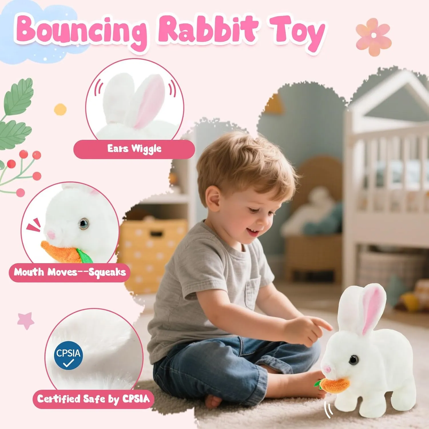 Interactive Plush Bunny Toy Set - Talking & Walking Electric Rabbit Duo with Carrot Surprise - Soft Safe Easter & Birthday Gift for Toddlers & Babies, White
