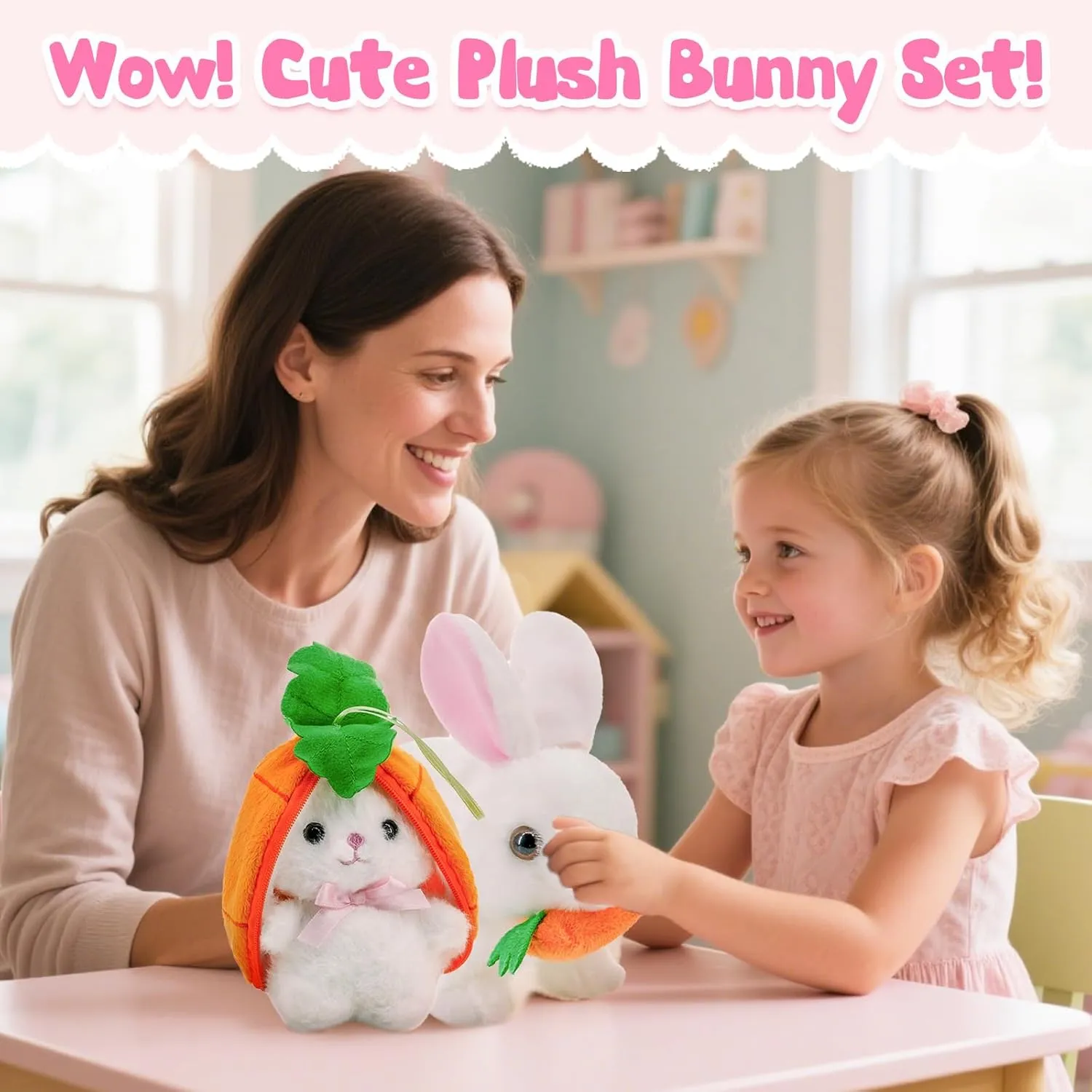 Interactive Plush Bunny Toy Set - Talking & Walking Electric Rabbit Duo with Carrot Surprise - Soft Safe Easter & Birthday Gift for Toddlers & Babies, White
