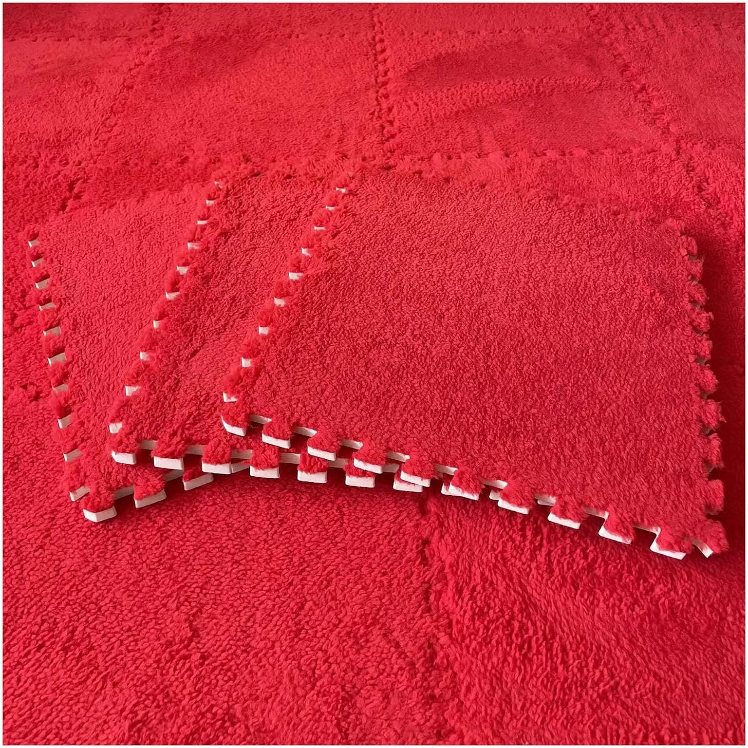 Interlocking Plush Carpet Tiles,30cm Square Foam Mats,Fluffy Play Mat Set,Splicing Floor Rugs Tiles with Edges,Puzzle Floor Mat for Living Room,96pcs/92.16sq.ft(Color:Red)
