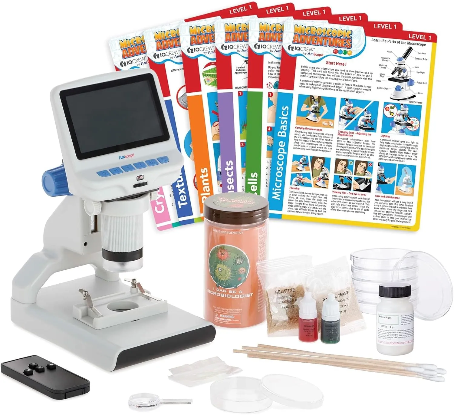 IQCREW - 1080P HD Portable LCD Digital Color Microscope Including microSD Memory Card, Introduction to Microbiology Kit, Microbiology Science Fair Kit, and Experiment Cards - DM140-BAC