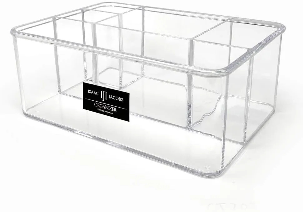 Isaac Jacobs 5-Compartment Clear Acrylic Organizer (10” L x 7” W x 4” H), Makeup Brush Holder, Tall Slot, Multi-Sectional Tray, Storage Solution for Makeup, School, Crafts, Office Supplies & More