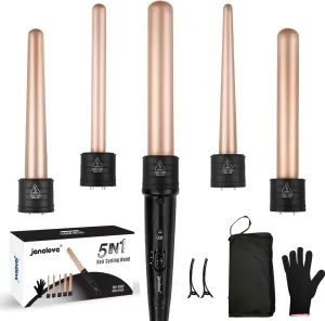 janelove 5 in 1 Wand Curling Iron Set, Ceramic Hair Curling Iron(0.35”-1.25”), Hair Curler for All Hairstyle, with Adjustable Temperature Dual Voltage, Instant Heat up, with Glove & 2 Clips(Gold)