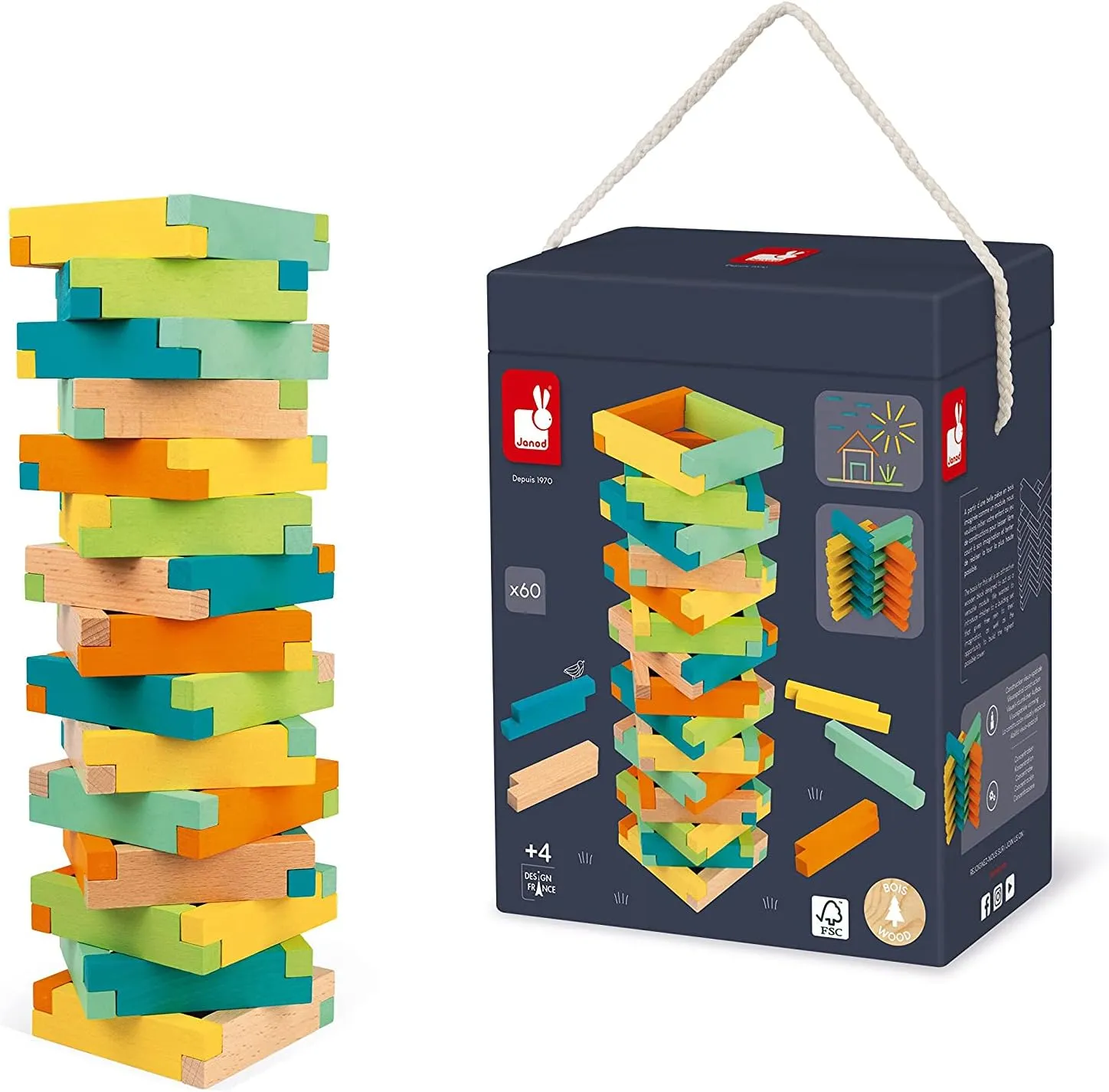 Janod 60 Piece Unique Wooden Building Kit with Notched Blocks - Ages 4  - J08300