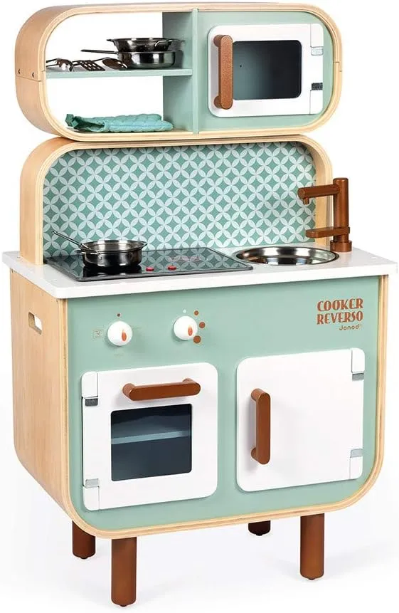 Janod Big Cooker Reverso Retro Wooden Kitchen and Laundry Play Set - 19.7" Tall - Ages 3  - J06594