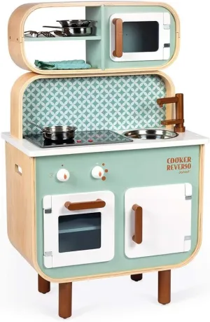 Janod Big Cooker Reverso Retro Wooden Kitchen and Laundry Play Set - 19.7" Tall - Ages 3  - J06594