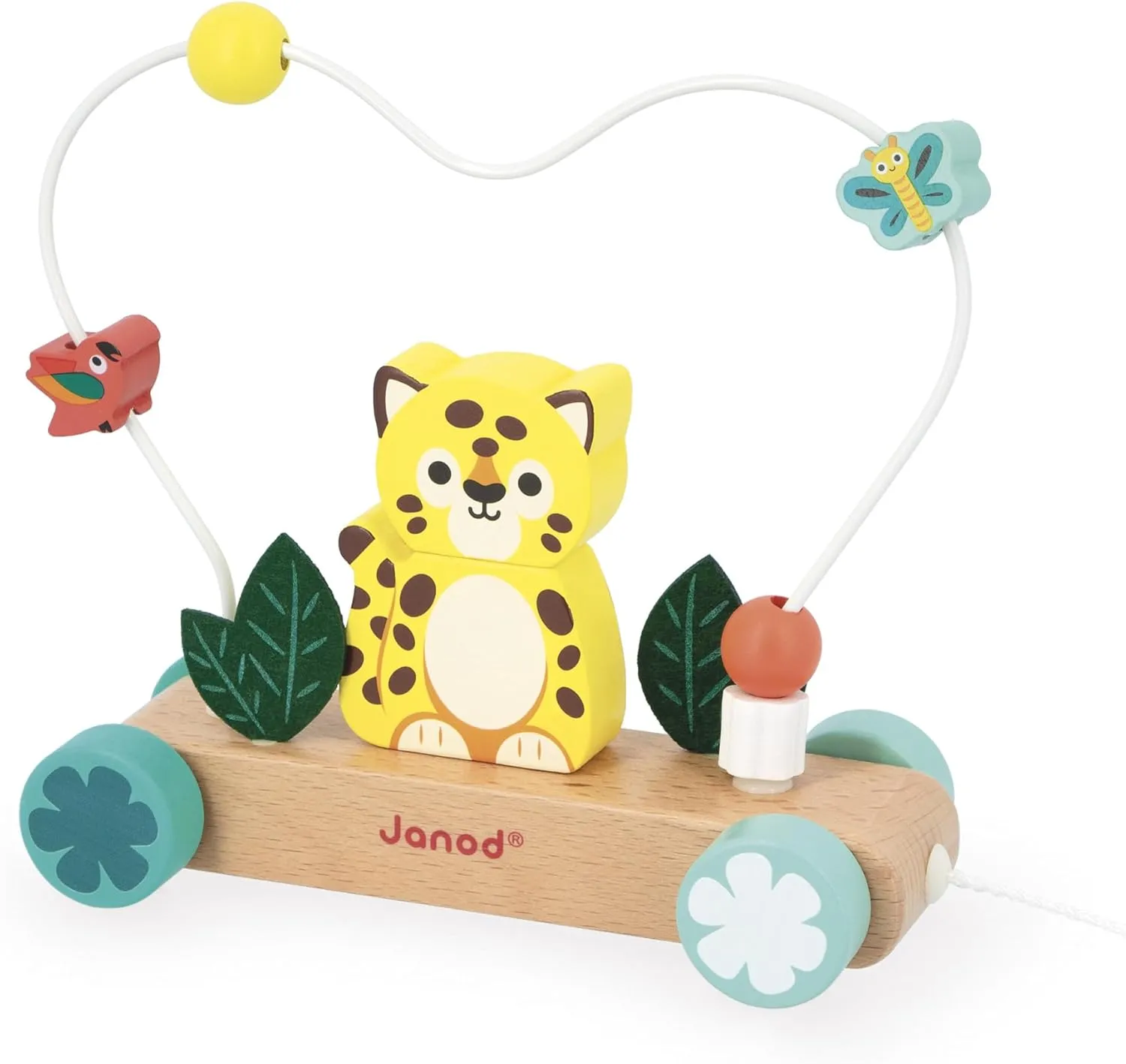 Janod - Pull-Along Tiger with Abacus Motor Skills Circuit - Wooden Pull-Along Toy - Develops Awareness, Motor Skills and Imagination - from 12 Months - J08281