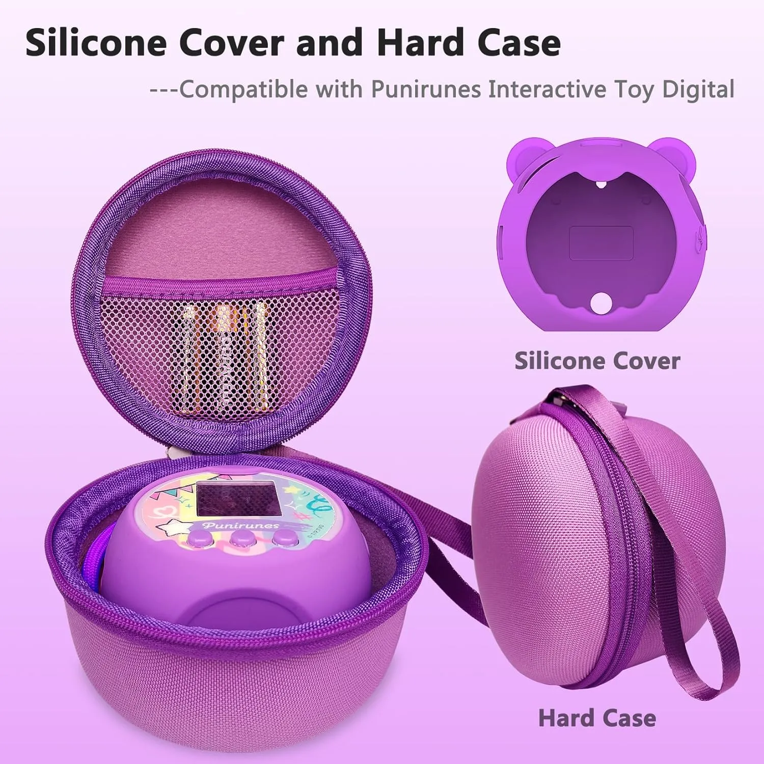 JCHPINE Hard Carrying Case and Silicone Cover Compatible with Punirunes Interactive Digital Toy, Protective Case for Punirunes Virtual Pet Squishy Characters with Screen Protector (Purple)