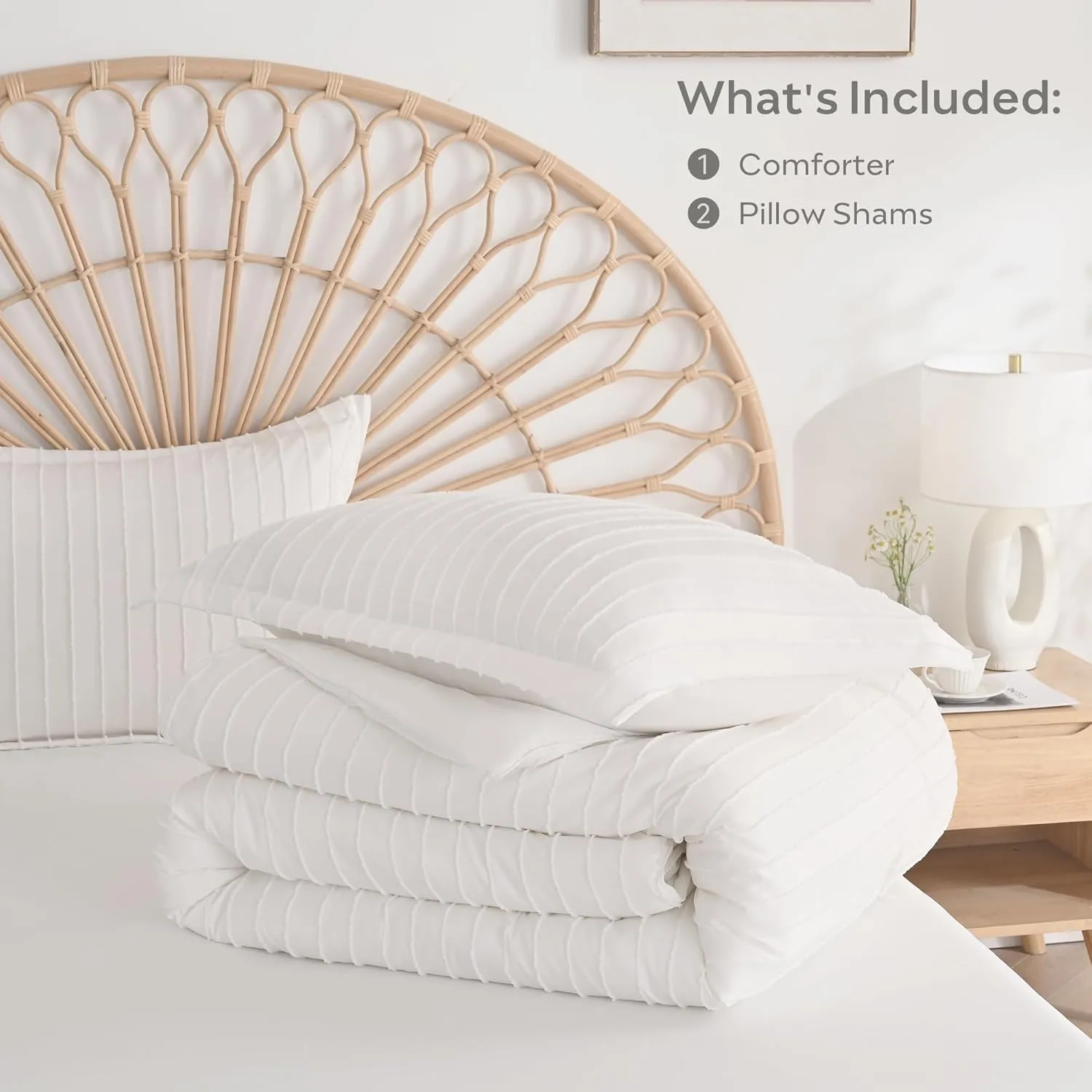 JELLYMONI Queen Comforter Set - White Striped Tufted Bedding Set for All Seasons, Fluffly Comforter (90"x90") with Pillow Shams (20"x26" 2")