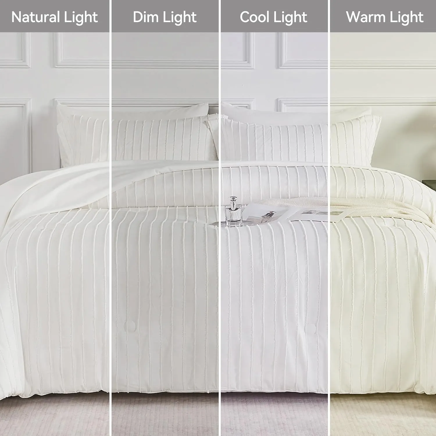 JELLYMONI Queen Comforter Set - White Striped Tufted Bedding Set for All Seasons, Fluffly Comforter (90"x90") with Pillow Shams (20"x26" 2")