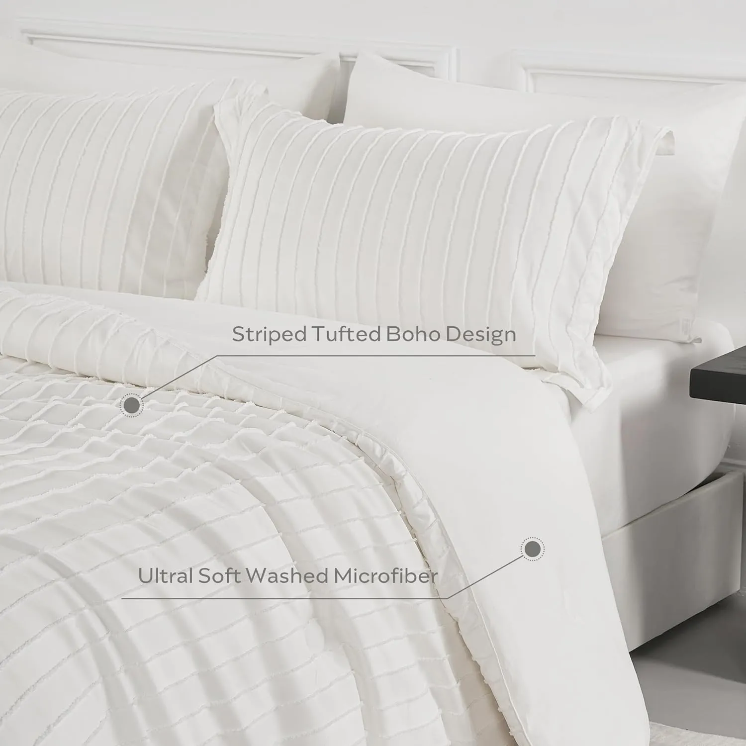 JELLYMONI Queen Comforter Set - White Striped Tufted Bedding Set for All Seasons, Fluffly Comforter (90"x90") with Pillow Shams (20"x26" 2")