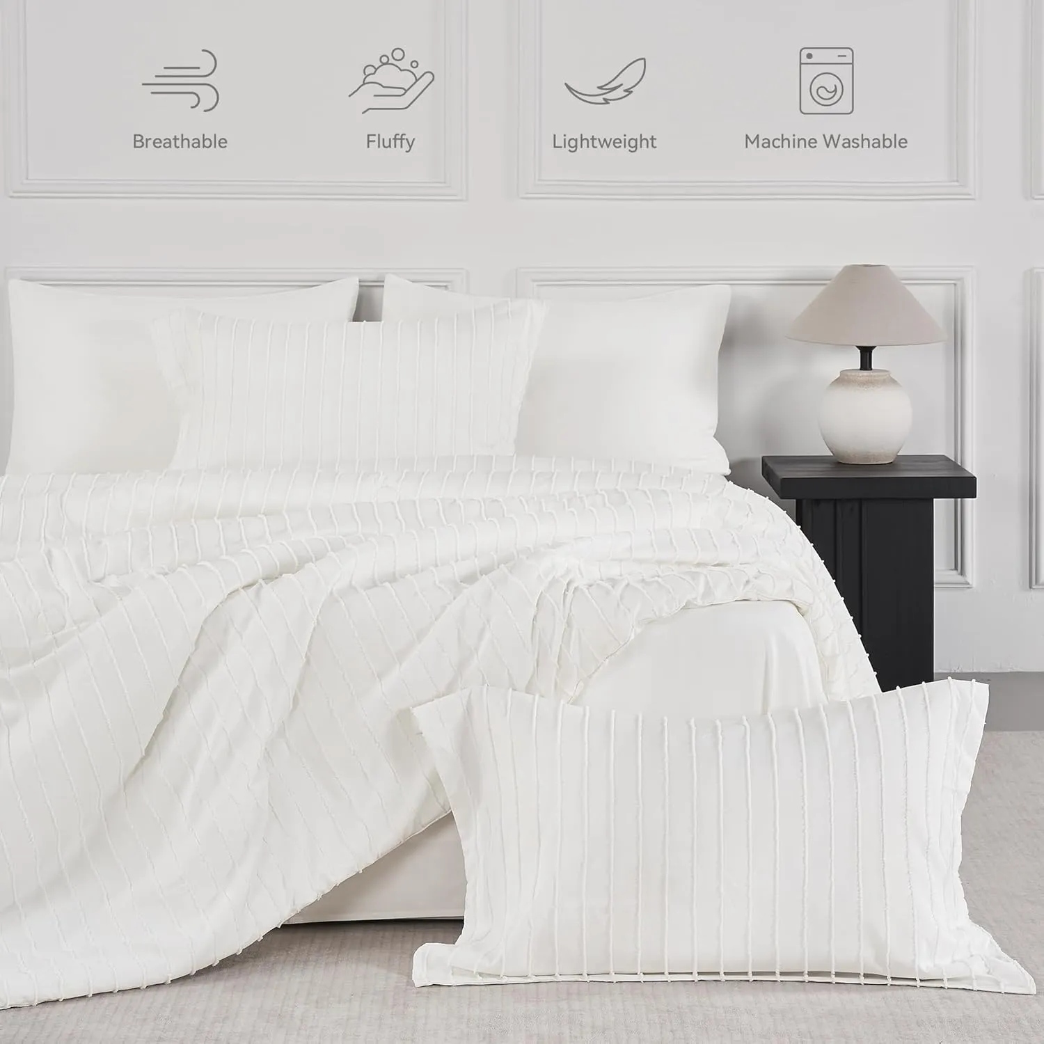 JELLYMONI Queen Comforter Set - White Striped Tufted Bedding Set for All Seasons, Fluffly Comforter (90"x90") with Pillow Shams (20"x26" 2")
