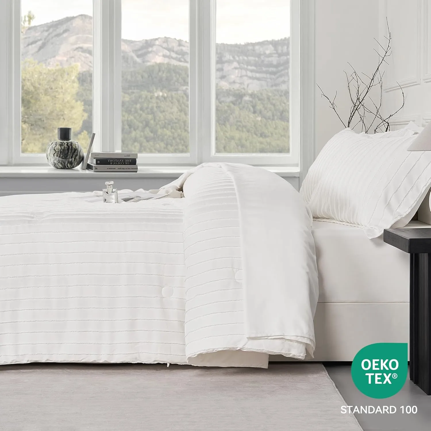 JELLYMONI Queen Comforter Set - White Striped Tufted Bedding Set for All Seasons, Fluffly Comforter (90"x90") with Pillow Shams (20"x26" 2")