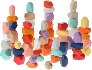 Jenaai 60 Pcs Stacking Rocks Montessori Toys for 1  Year Old Colorful Wooden Balance Stones Baby Easter Basket Stuffers Blocks Sensory Games Preschool Learning Educational Puzzle Toys(Fresh Color)