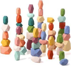 Jenaai 60 Pcs Stacking Rocks Montessori Toys for 1  Year Old Colorful Wooden Balance Stones Baby Easter Basket Stuffers Blocks Sensory Games Preschool Learning Educational Puzzle Toys(Morandi Color)