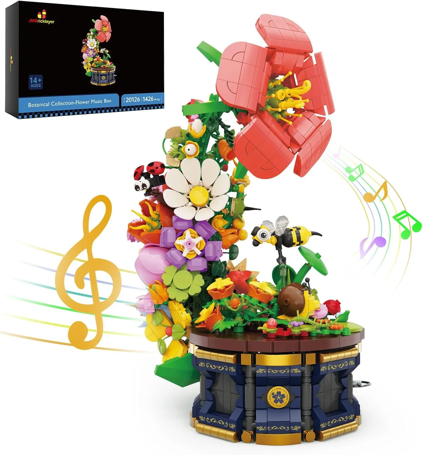 JMBricklayer Flowers Botanical Collection Music Box Building Block, Insects Music Box Block Kit 20126, Flowers Home Décor Birthday Valentine's Day Christmas New Year's Gift for Adults Mom Girls 6-12