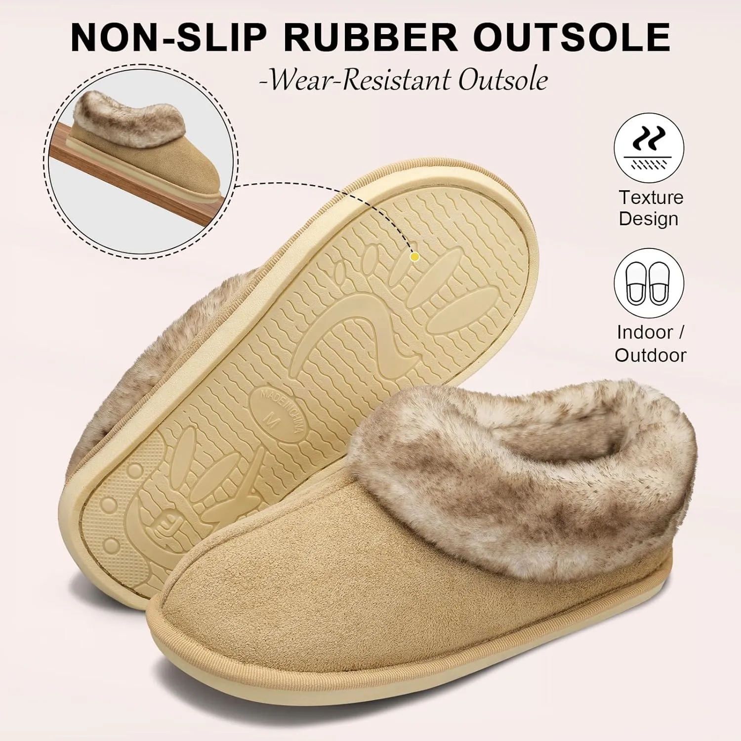 JOINFREE Women's Slippers Fuzzy House Shoes with Memory Foam Slip-on Comfy Bedroom Slippers Indoor Outdoor Shoes with Warm Faux Fur Collar