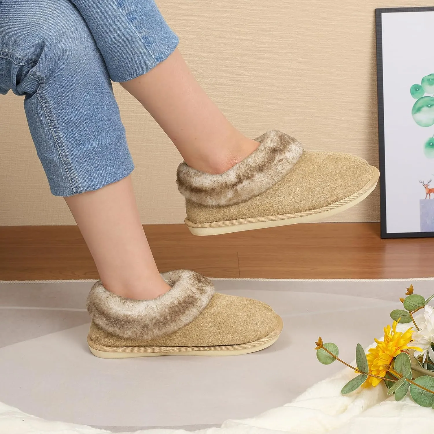 JOINFREE Women's Slippers Fuzzy House Shoes with Memory Foam Slip-on Comfy Bedroom Slippers Indoor Outdoor Shoes with Warm Faux Fur Collar