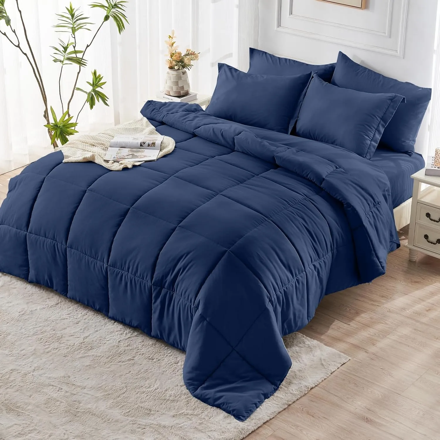 JOLLYVOGUE Queen Comforter Set, Ultra-Soft Queen Size Comforter Sets, 7-Piece Bed in a Bag, Goose Down Alternative, Oeko-TEX Certified, Sheets & Pillowcases, Navy