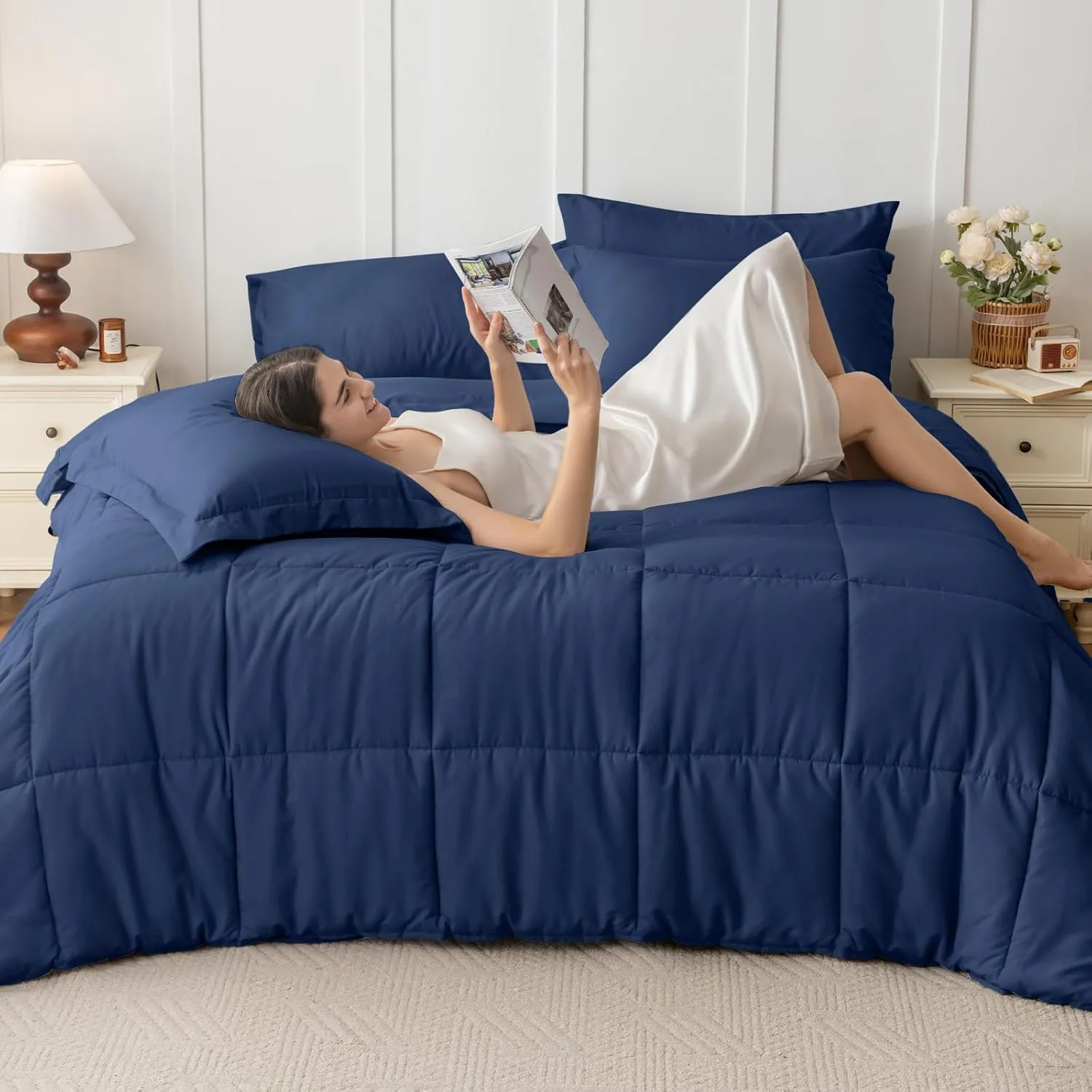 JOLLYVOGUE Queen Comforter Set, Ultra-Soft Queen Size Comforter Sets, 7-Piece Bed in a Bag, Goose Down Alternative, Oeko-TEX Certified, Sheets & Pillowcases, Navy