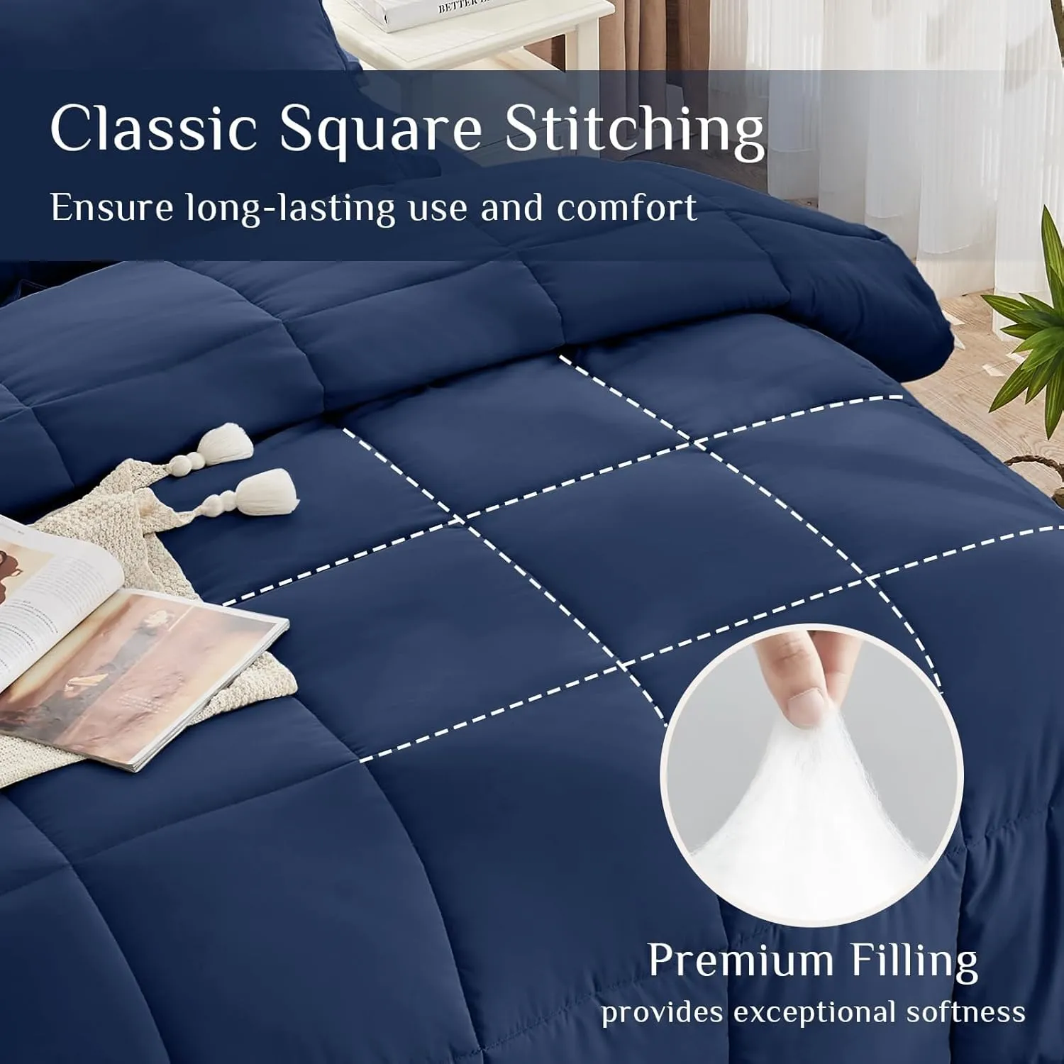 JOLLYVOGUE Queen Comforter Set, Ultra-Soft Queen Size Comforter Sets, 7-Piece Bed in a Bag, Goose Down Alternative, Oeko-TEX Certified, Sheets & Pillowcases, Navy