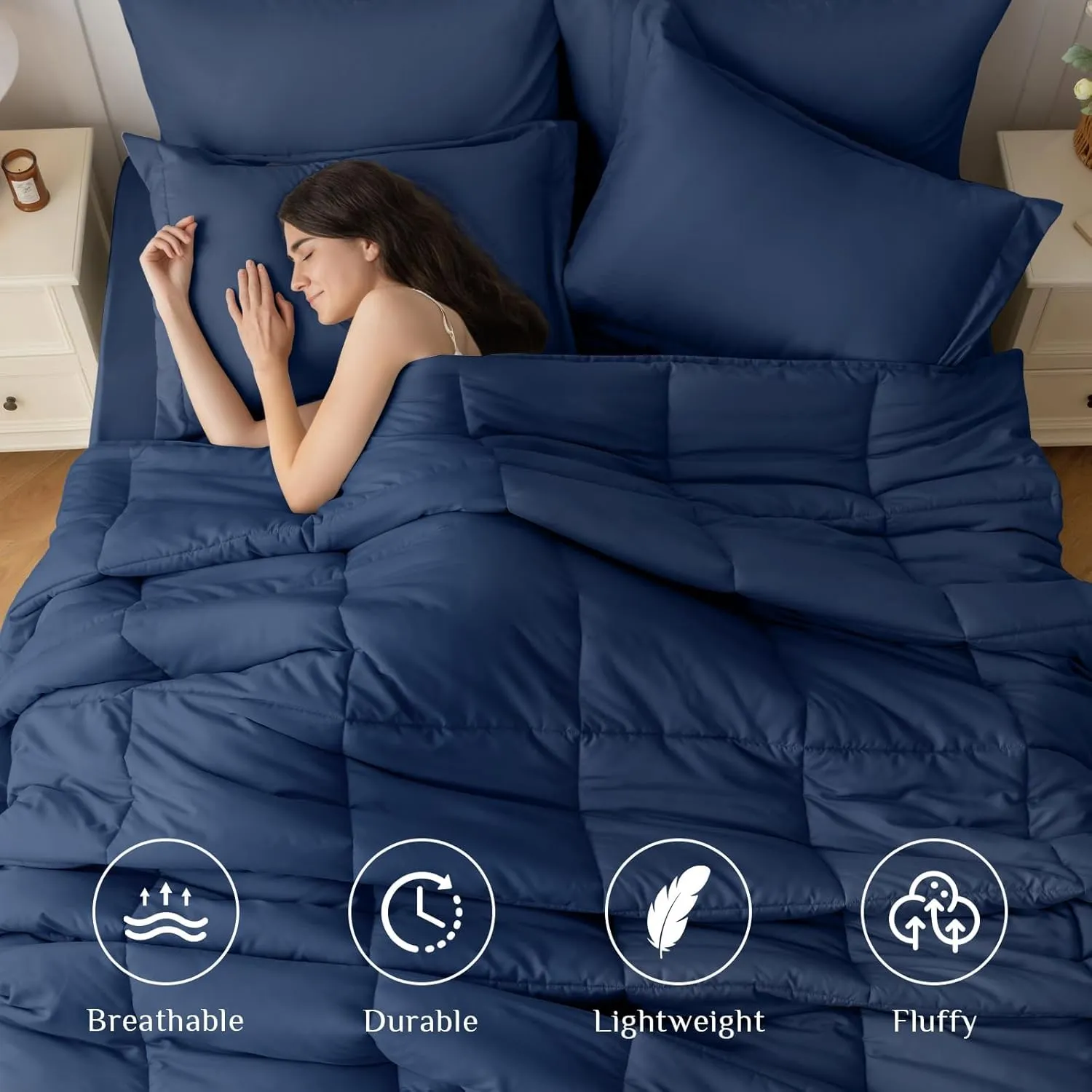 JOLLYVOGUE Queen Comforter Set, Ultra-Soft Queen Size Comforter Sets, 7-Piece Bed in a Bag, Goose Down Alternative, Oeko-TEX Certified, Sheets & Pillowcases, Navy