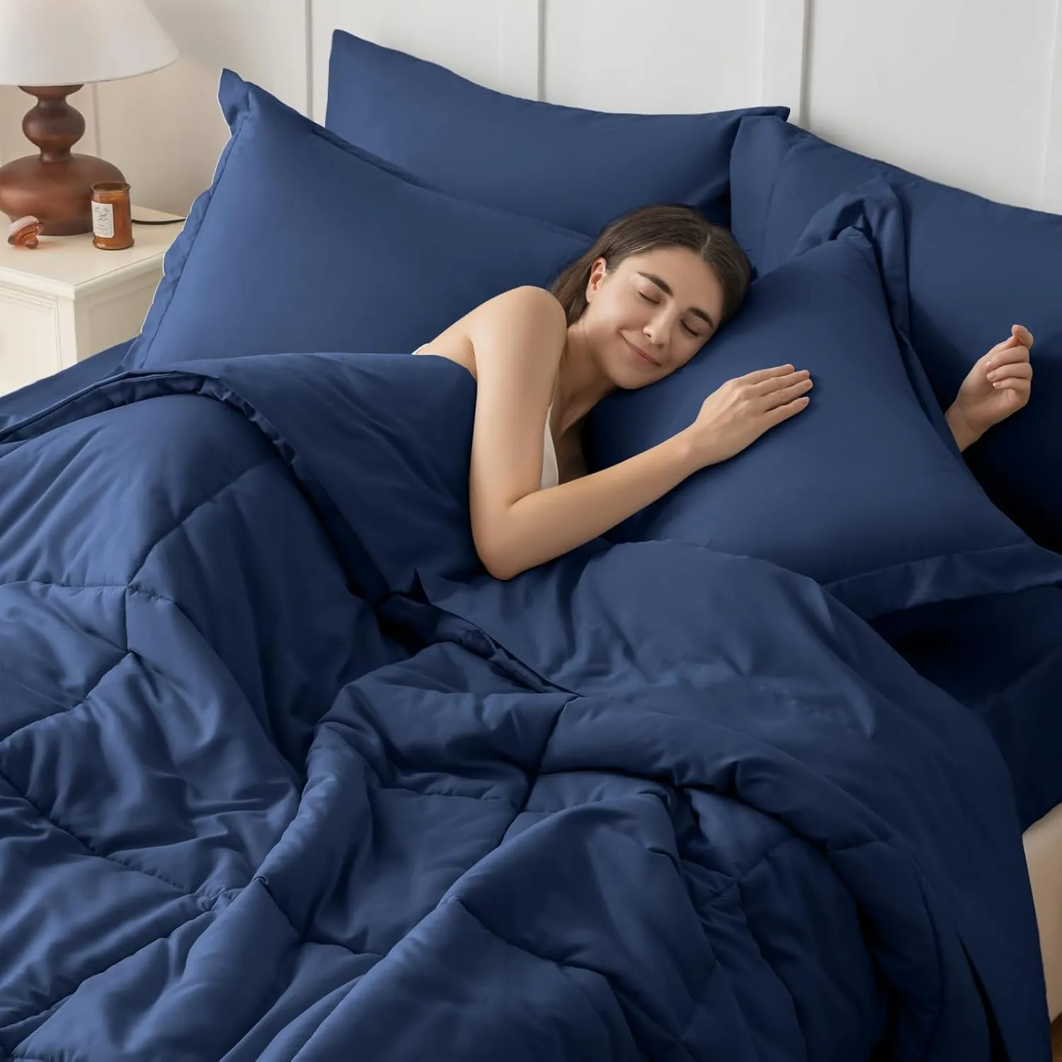 JOLLYVOGUE Queen Comforter Set, Ultra-Soft Queen Size Comforter Sets, 7-Piece Bed in a Bag, Goose Down Alternative, Oeko-TEX Certified, Sheets & Pillowcases, Navy