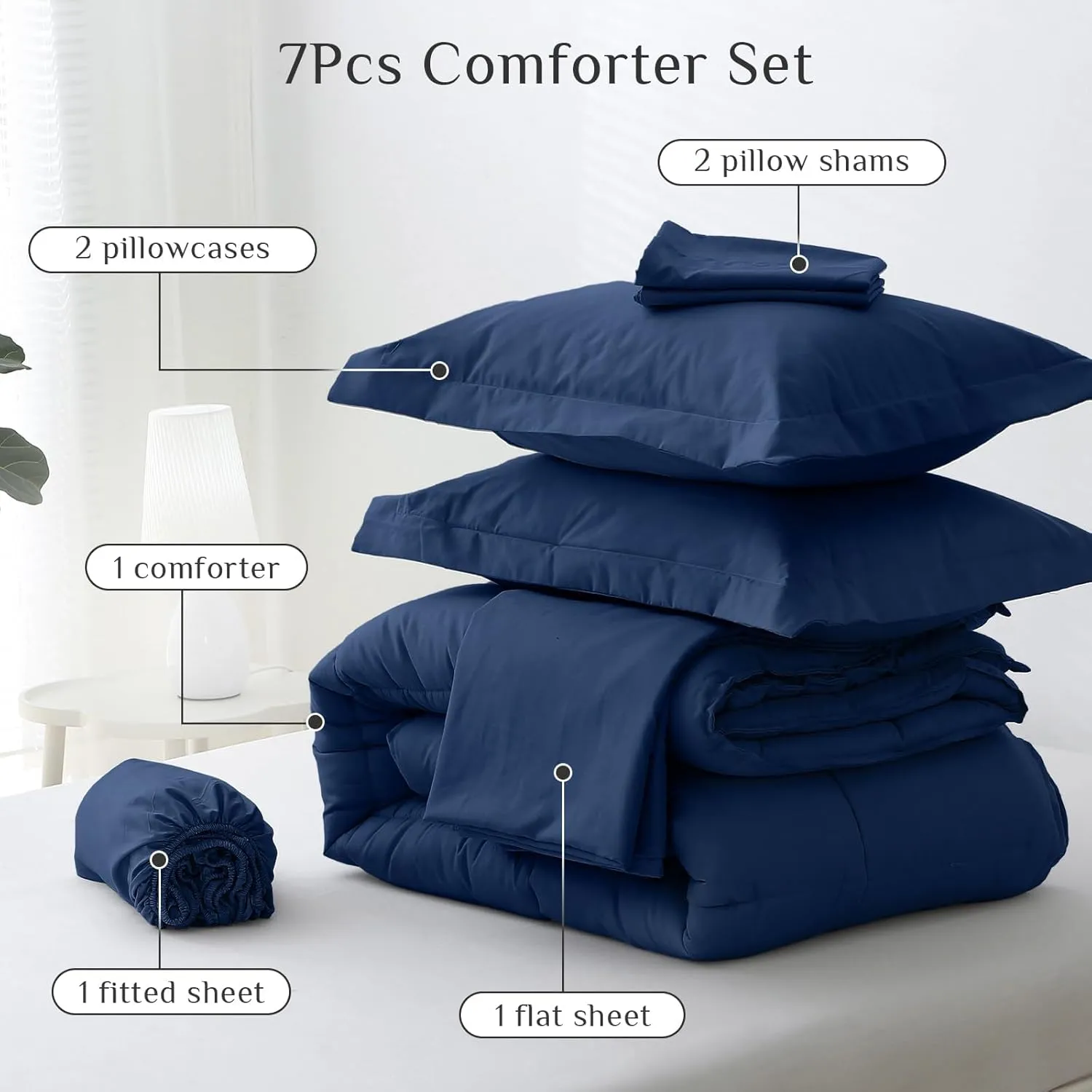 JOLLYVOGUE Queen Comforter Set, Ultra-Soft Queen Size Comforter Sets, 7-Piece Bed in a Bag, Goose Down Alternative, Oeko-TEX Certified, Sheets & Pillowcases, Navy
