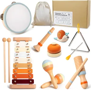 JOSEN Baby Musical Instruments, Montessori Musical Toys for Toddlers, Wooden Percussion 8-in-1 Instruments Set Modern Boho Xylophone Educational Gifts for Kids 3  with Storage Bag