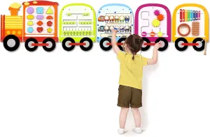 Joyreal Wooden Busy Board Train Activity Wall Panels - Montessori Sensory Wall Toys for Toddlers - Learning Activity Center for Playroom & Daycare Decor - Educational Toy Gift for Boys and Girls 18 M 
