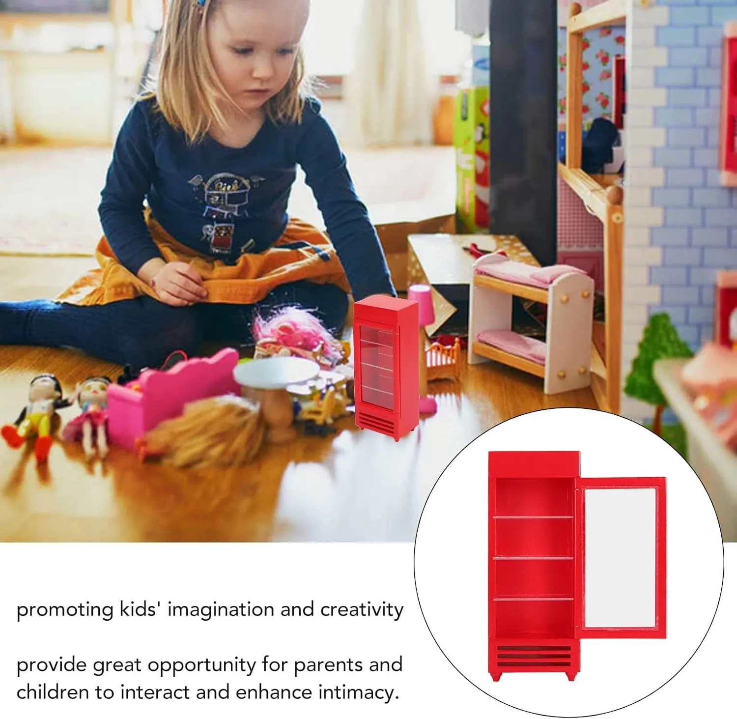 JTLB Dollhouse Vertical Refrigerator, Premium Birch Material, High Simulation, Bright Color, 1:12 Wood Doll House Upright Freezer for DIY, Promote Imagination and Creativity (Red)