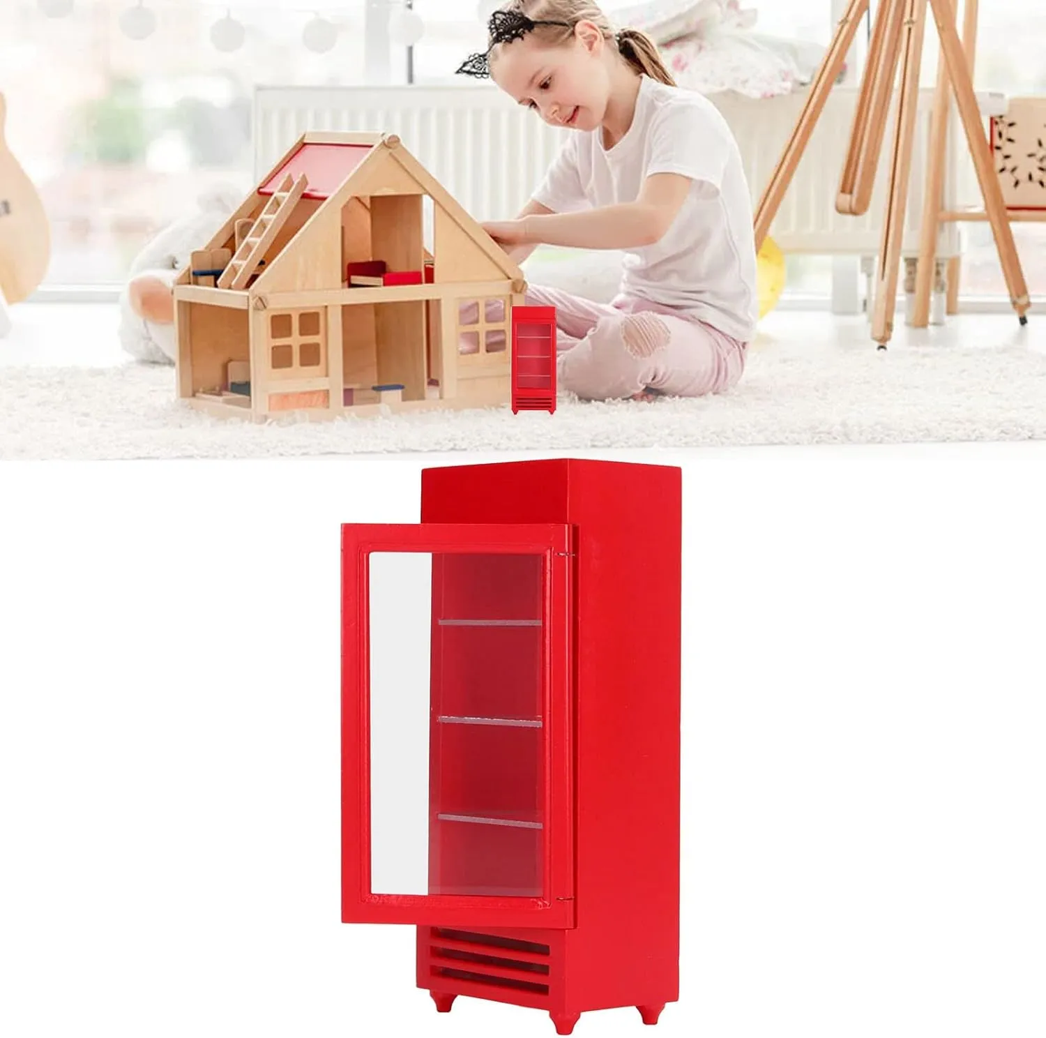 JTLB Dollhouse Vertical Refrigerator, Premium Birch Material, High Simulation, Bright Color, 1:12 Wood Doll House Upright Freezer for DIY, Promote Imagination and Creativity (Red)