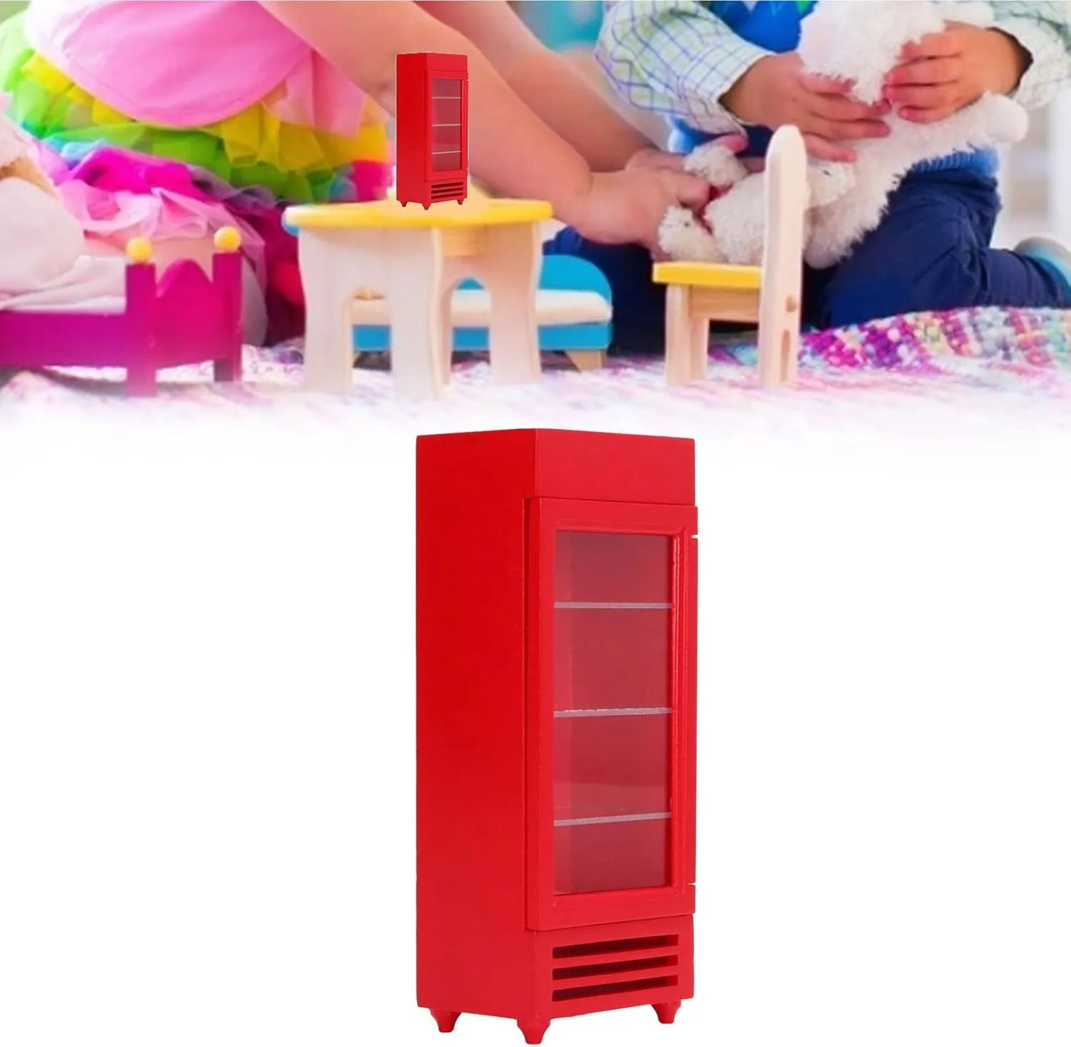 JTLB Dollhouse Vertical Refrigerator, Premium Birch Material, High Simulation, Bright Color, 1:12 Wood Doll House Upright Freezer for DIY, Promote Imagination and Creativity (Red)