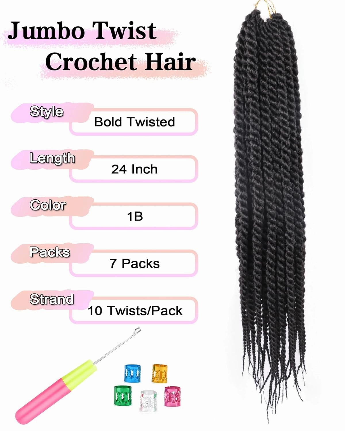 Jumbo Senegalese Twist Crochet Hair 24 Inch Havana Twist Crochet Hair for Women 7 Packs Jumbo Cuban Twists Crotchet Braids Crotchet Kinky Twists Braid (24 Inch,1B-Black)