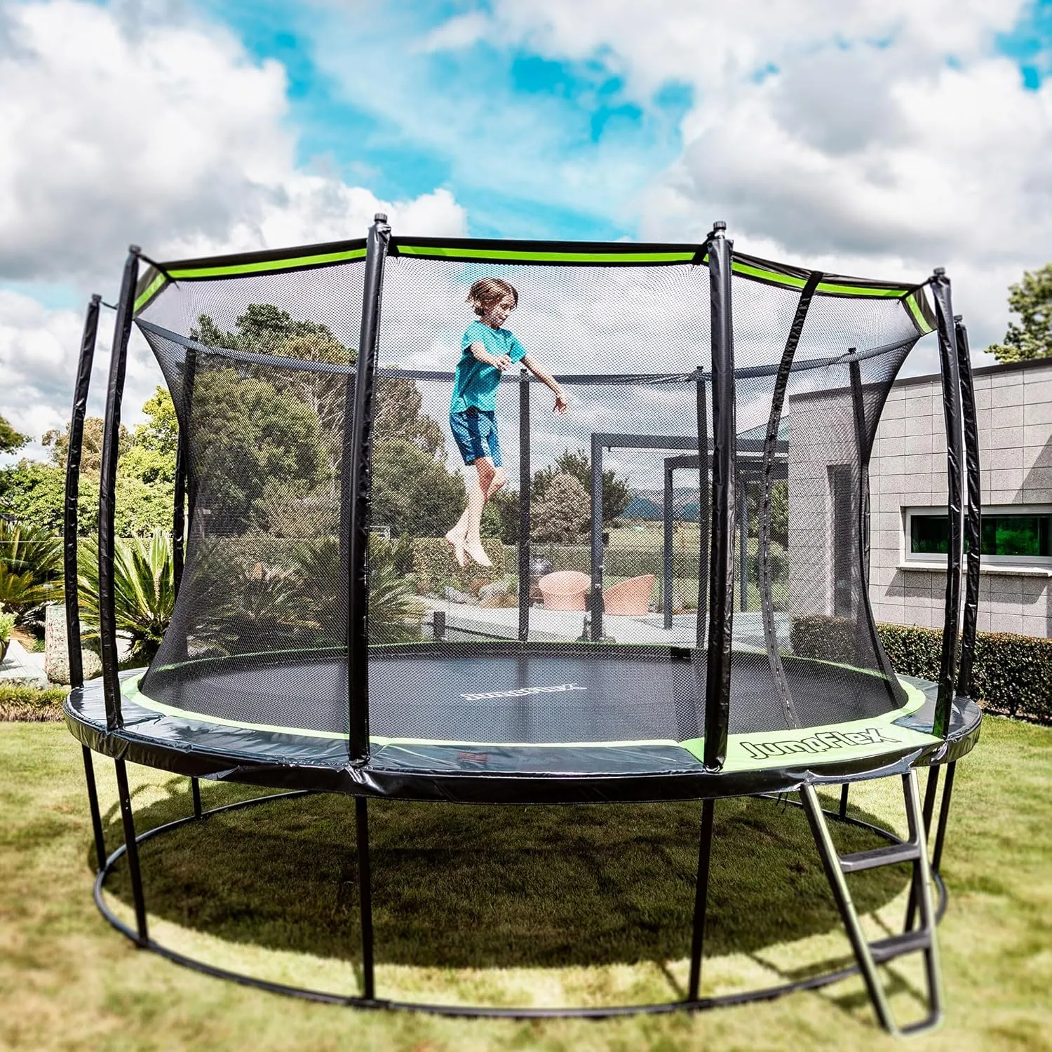 JumpFlex Hero Round Outdoor Backyard Trampoline with Net Safety Enclosure and Ladder, 14ft - Heavy-Duty Jumping Trampoline Play Equipment for Family