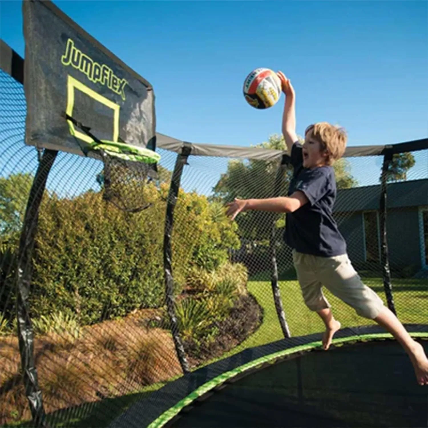 JumpFlex Hero Round Outdoor Backyard Trampoline with Net Safety Enclosure and Ladder, 14ft - Heavy-Duty Jumping Trampoline Play Equipment for Family