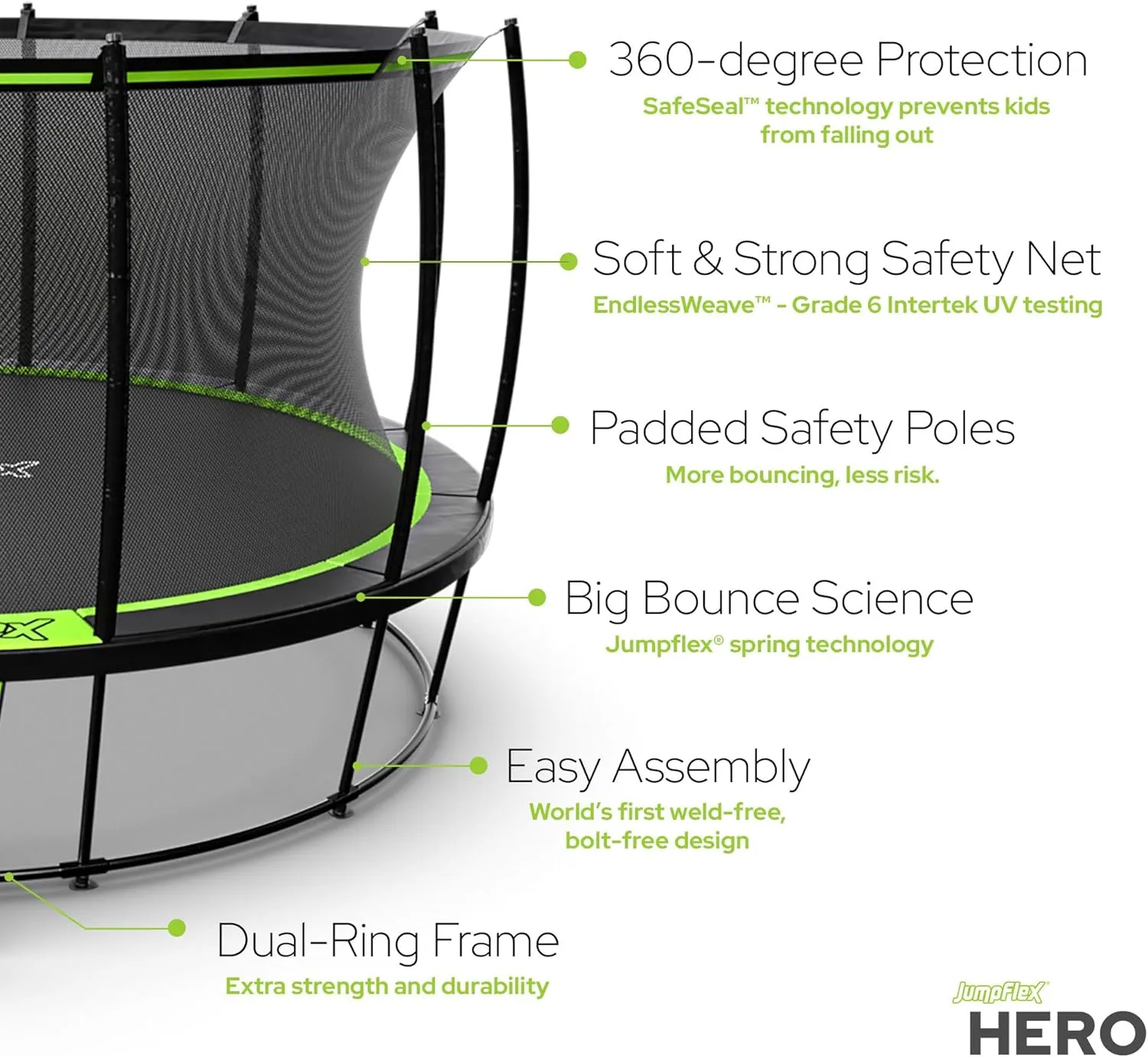 JumpFlex Hero Round Outdoor Backyard Trampoline with Net Safety Enclosure and Ladder, 14ft - Heavy-Duty Jumping Trampoline Play Equipment for Family