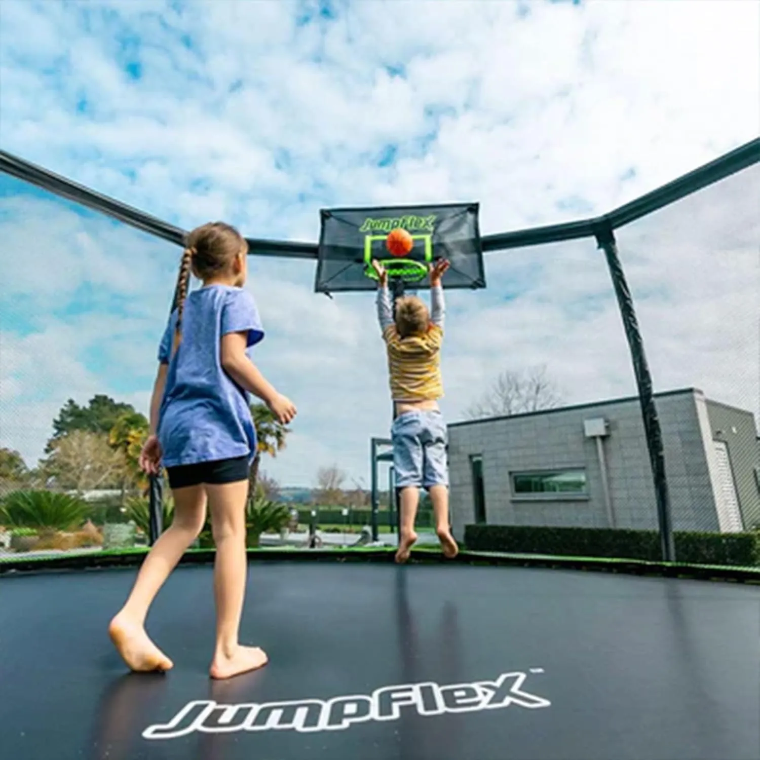 JumpFlex Hero Round Outdoor Backyard Trampoline with Net Safety Enclosure and Ladder, 14ft - Heavy-Duty Jumping Trampoline Play Equipment for Family