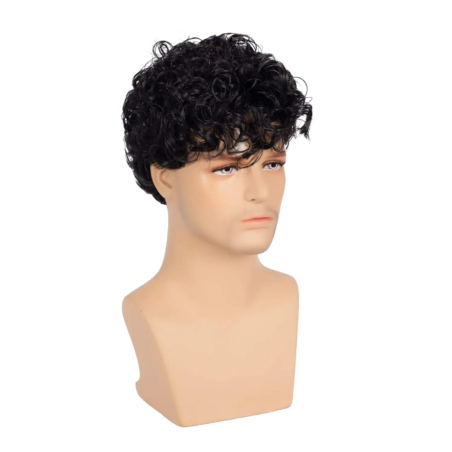 Kaneles Short Curly Mens Black Wig Fluffy Synthetic Cosplay Halloween Hair Wig for Male Guy