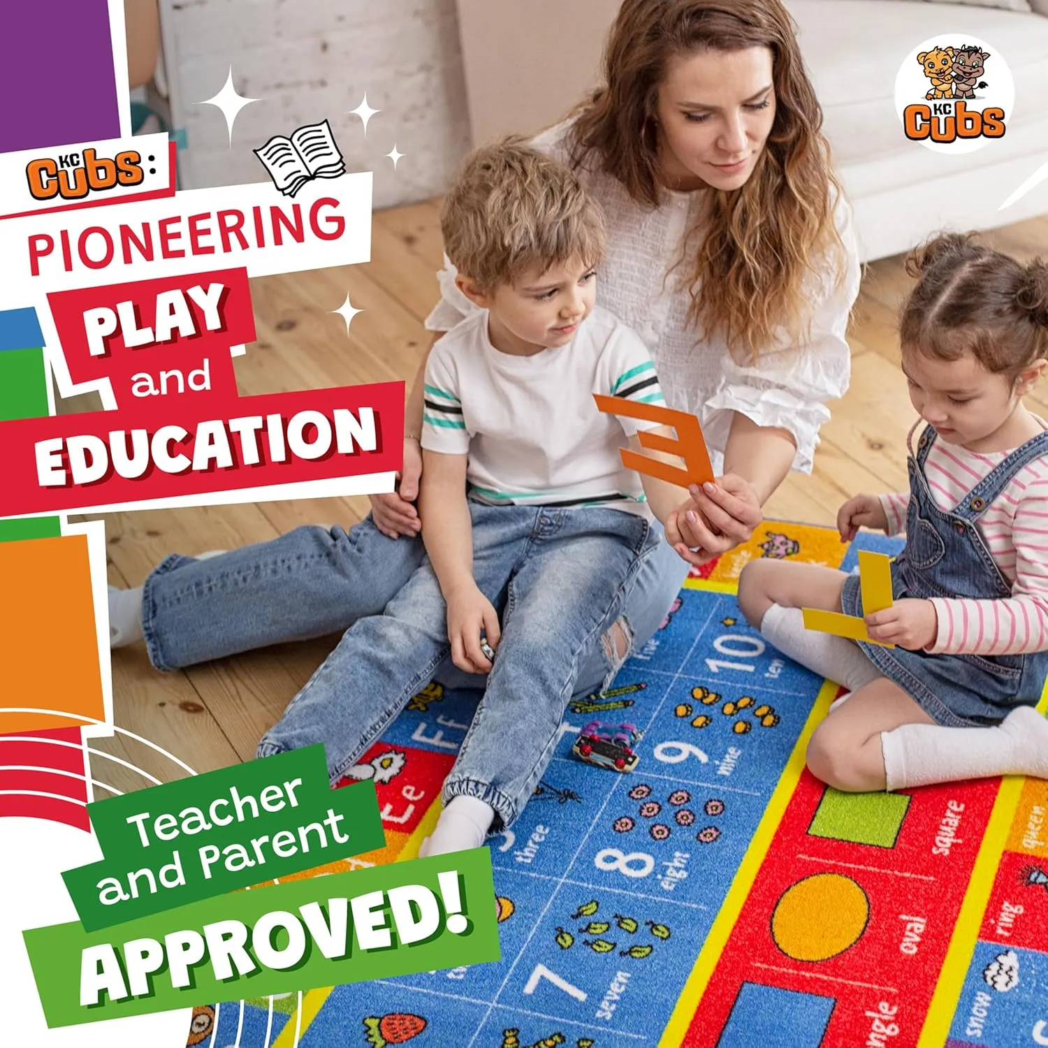 KC CUBS ABC Alphabet, Numbers and Shapes Educational Learning & Fun Game Play Area Non Slip Boy Girl Kids Rug Carpet for Children Bedroom, Toddler Classroom Baby Playroom Mat, Playtime Activity