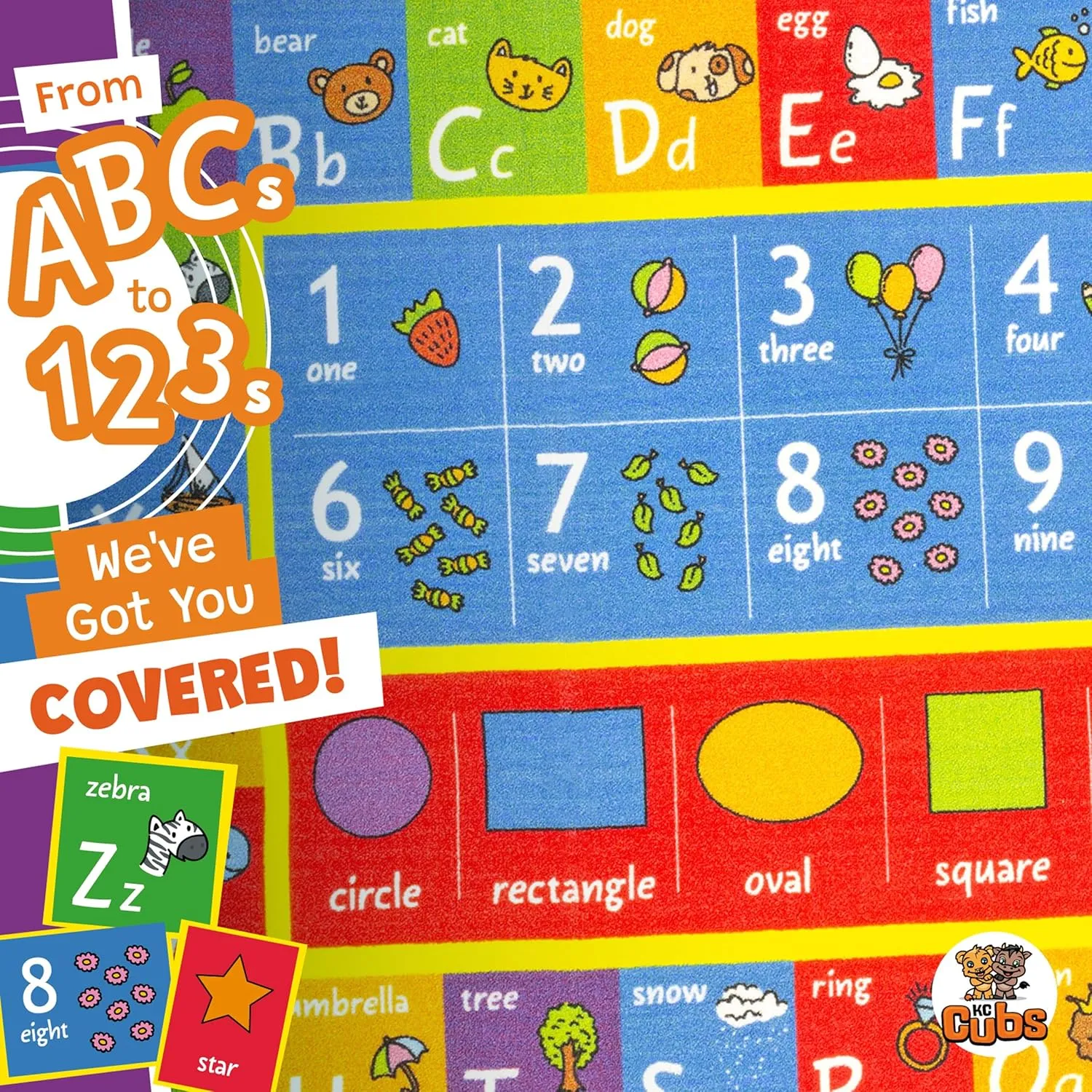 KC CUBS ABC Alphabet, Numbers and Shapes Educational Learning & Fun Game Play Area Non Slip Boy Girl Kids Rug Carpet for Children Bedroom, Toddler Classroom Baby Playroom Mat, Playtime Activity