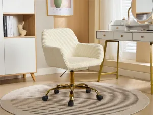 KCC Corduroy Fabric Vanity Makeup Desk Chair, Fluffy Swivel Modern Armchair with Wheels, Upholstered Fuzzy Height Adjustable for Girls Home Office, Beige