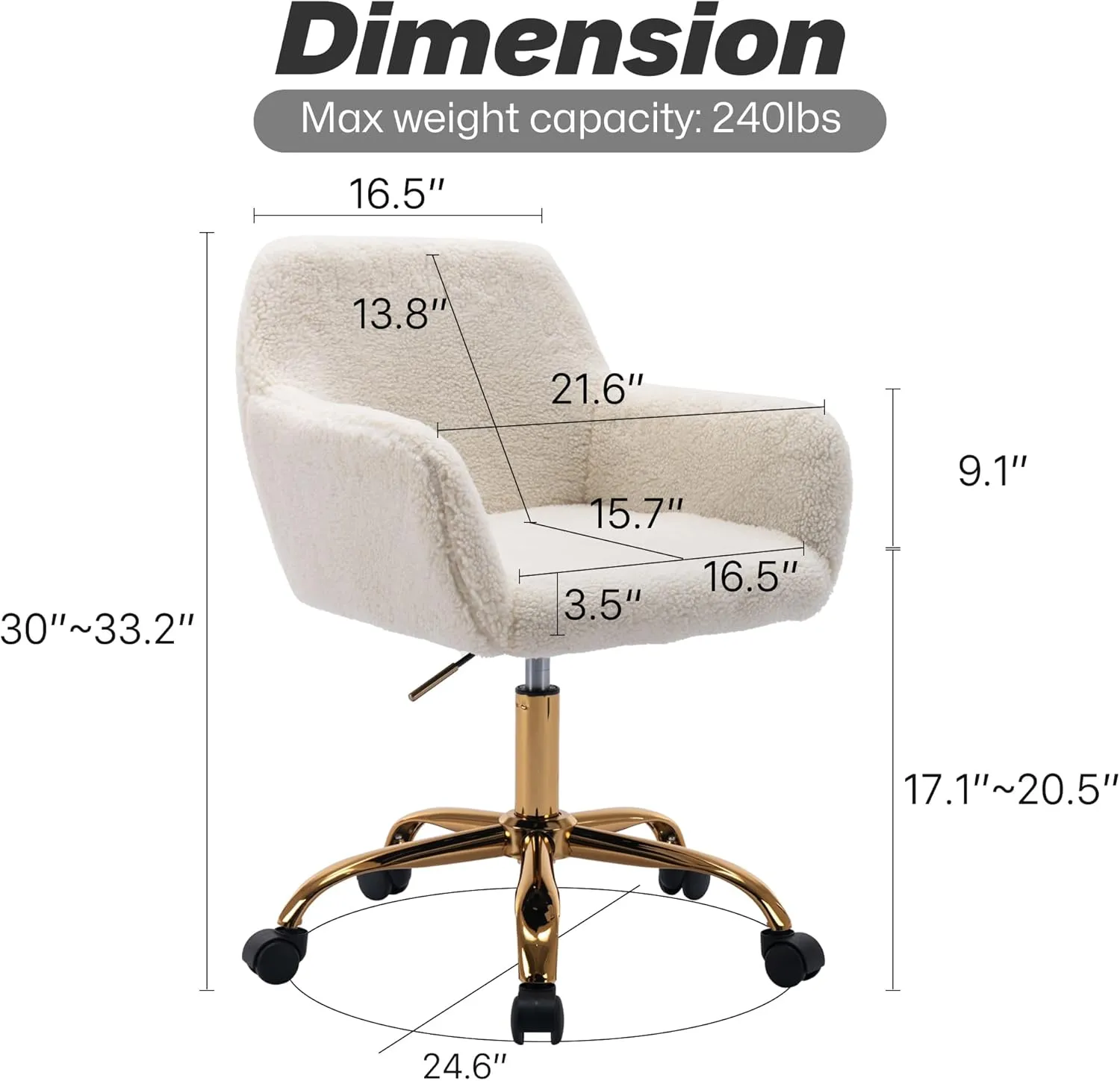 KCC Faux Fur Office Desk Chair, Comfy Swivel Armchair with Wheels, Upholstered Fuzzy Vanity Chair, Adjustable Height, White
