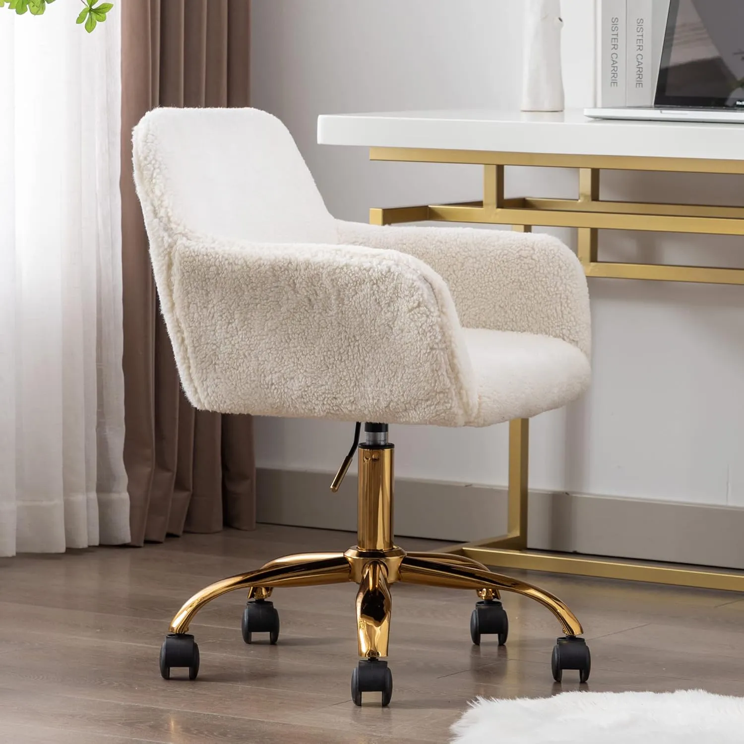 KCC Faux Fur Office Desk Chair, Comfy Swivel Armchair with Wheels, Upholstered Fuzzy Vanity Chair, Adjustable Height, White