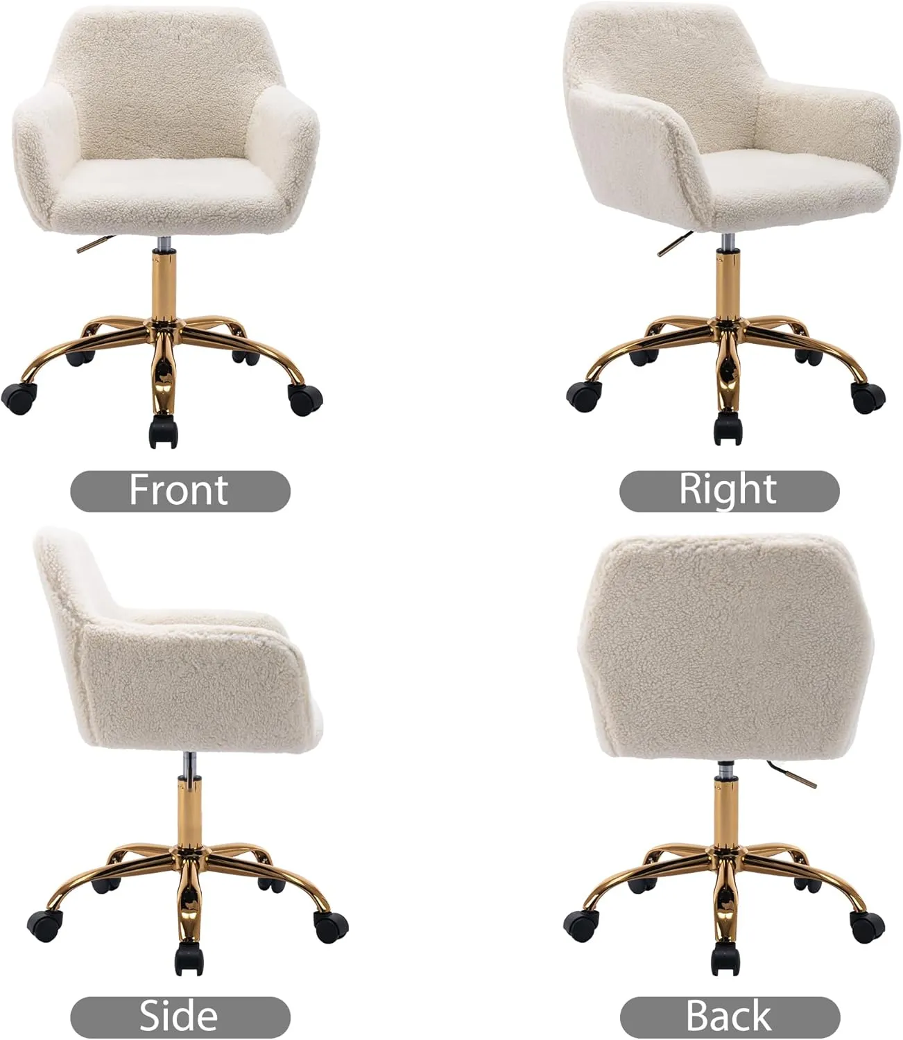 KCC Faux Fur Office Desk Chair, Comfy Swivel Armchair with Wheels, Upholstered Fuzzy Vanity Chair, Adjustable Height, White