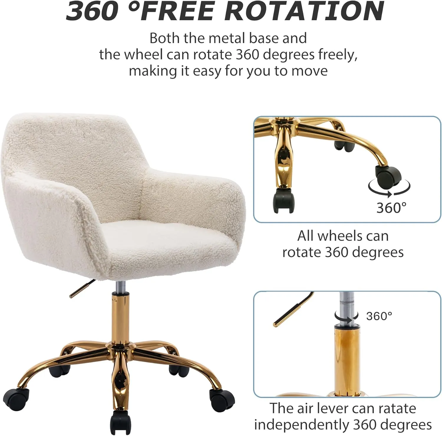 KCC Faux Fur Office Desk Chair, Comfy Swivel Armchair with Wheels, Upholstered Fuzzy Vanity Chair, Adjustable Height, White