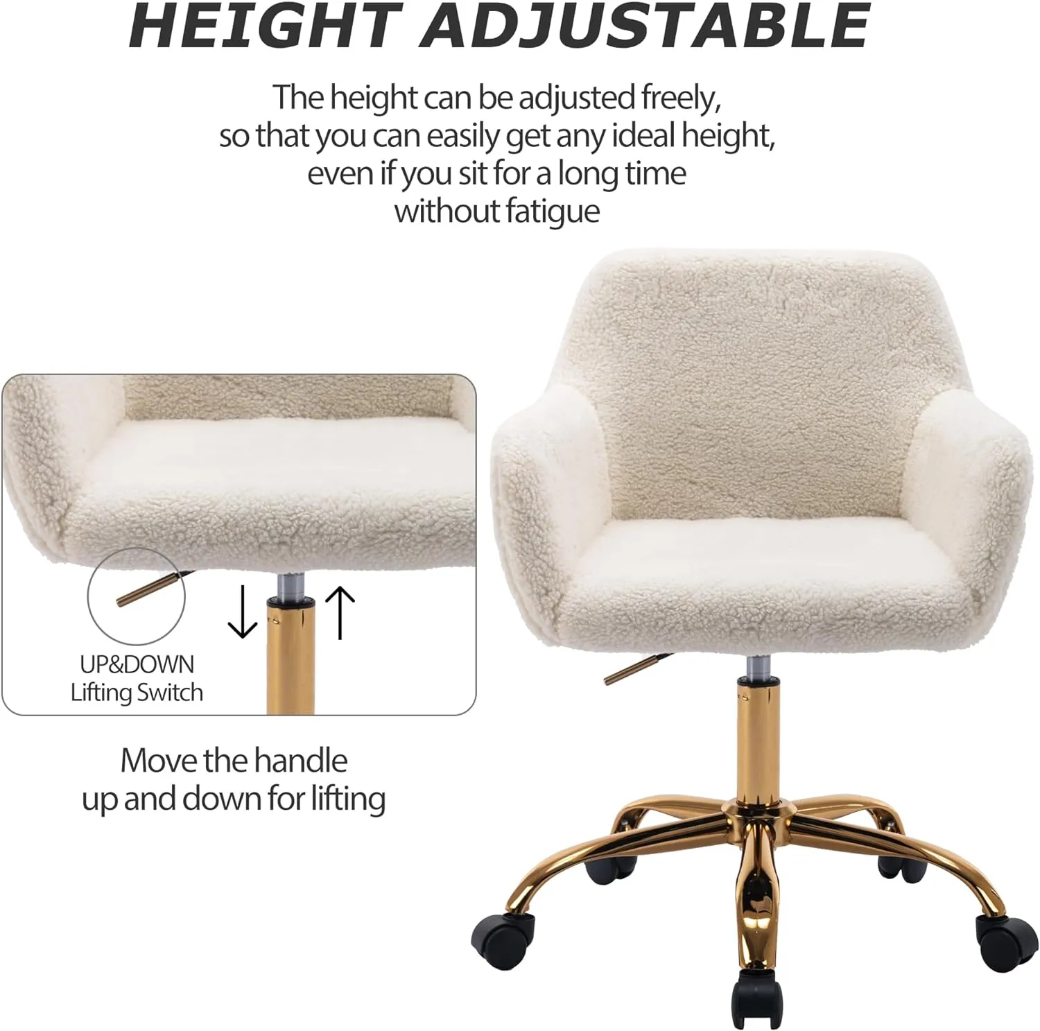 KCC Faux Fur Office Desk Chair, Comfy Swivel Armchair with Wheels, Upholstered Fuzzy Vanity Chair, Adjustable Height, White