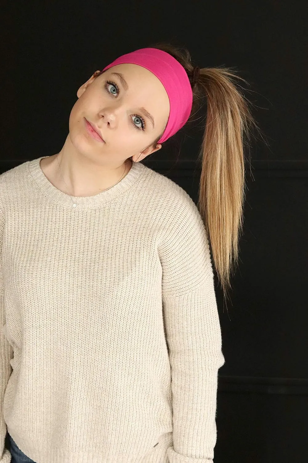 Kenz Laurenz Soft and Stretchy Elastic Cotton Headbands, Pack of 12, Hot Pink