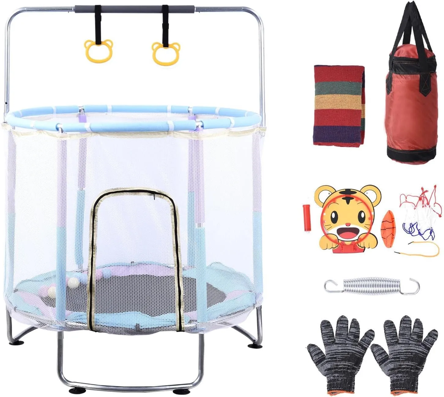Kid Trampoline | Safe Recreational Trampoline Height Adjustable,Bouncing Bed with Enclosure, Swing, Basketball Hoop for Indoor Outdoor Backyard